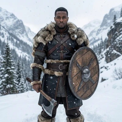 Викинг в заснеженных горах — AI промт для Nano Banana Pro