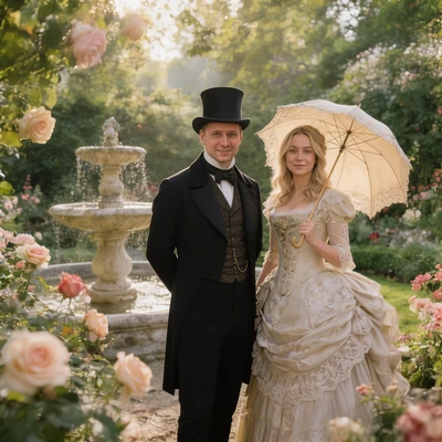 Викторианская прогулка в саду — AI промт для Seedream 4.5