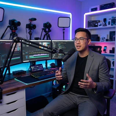 Ютубер-технообзорщик в неоновой студии — AI промт для Nano Banana Pro