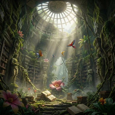 Забытая библиотека в джунглях — AI промт для Nano Banana Pro