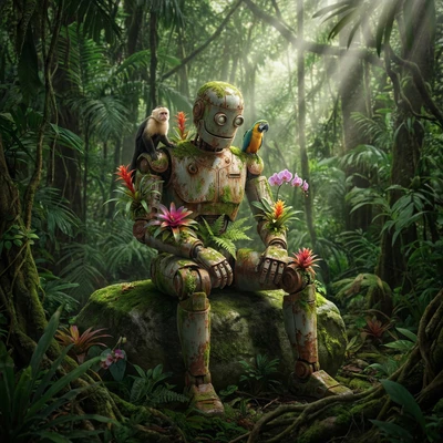 Забытый робот в джунглях — AI промт для Nano Banana Pro