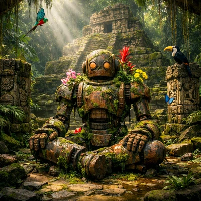 Забытый робот в заброшенном храме — AI промт для GPT Image 1.5