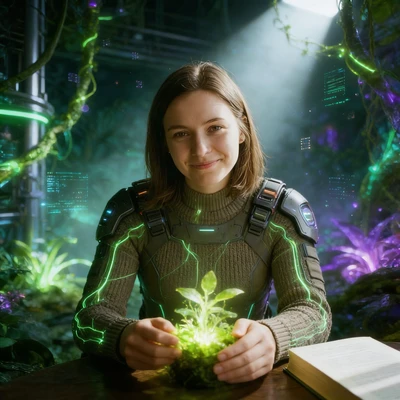 Защитница Кибер-Оазиса — AI промт для Seedream 4.5