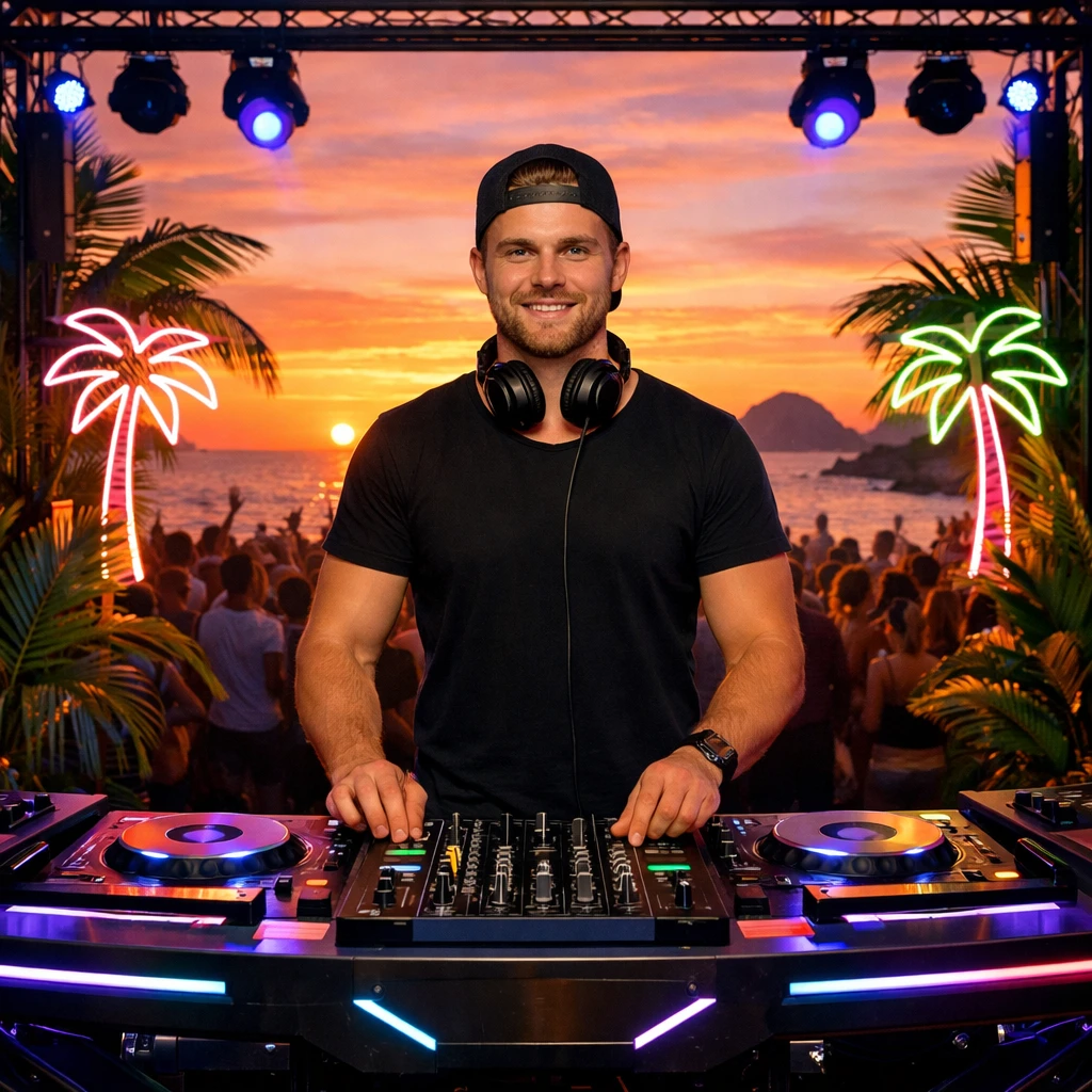 Тропический диджей на закате — GPT Image 1.5 промт