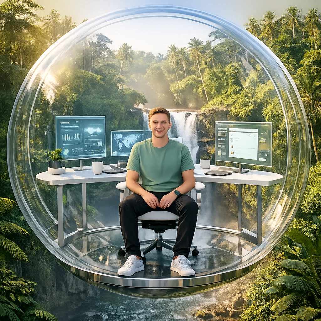 Цифровой кочевник в офисе-пузыре на Бали — GPT Image 1.5 промт