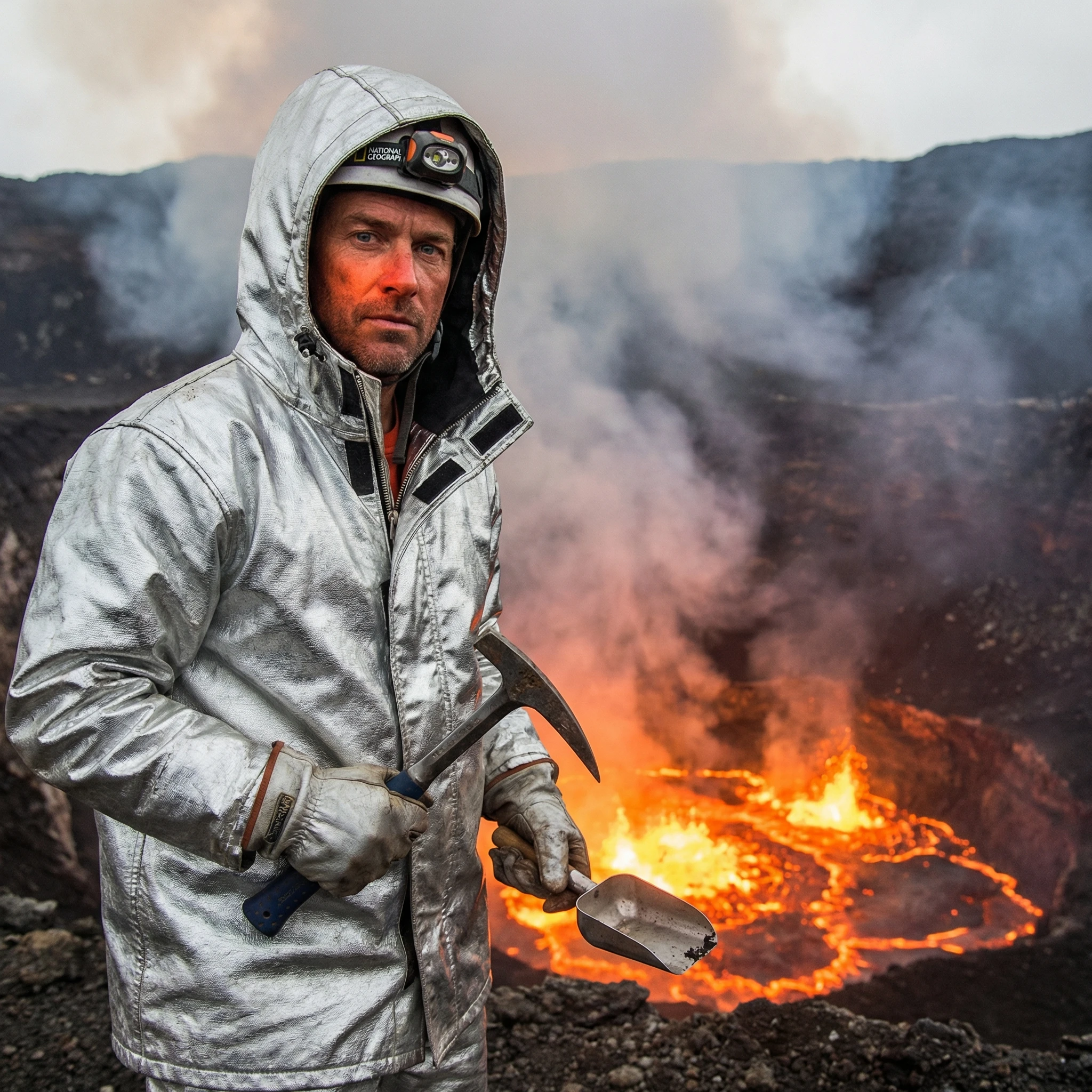 Ученый-вулканолог в защитном костюме — Nano Banana Pro промт