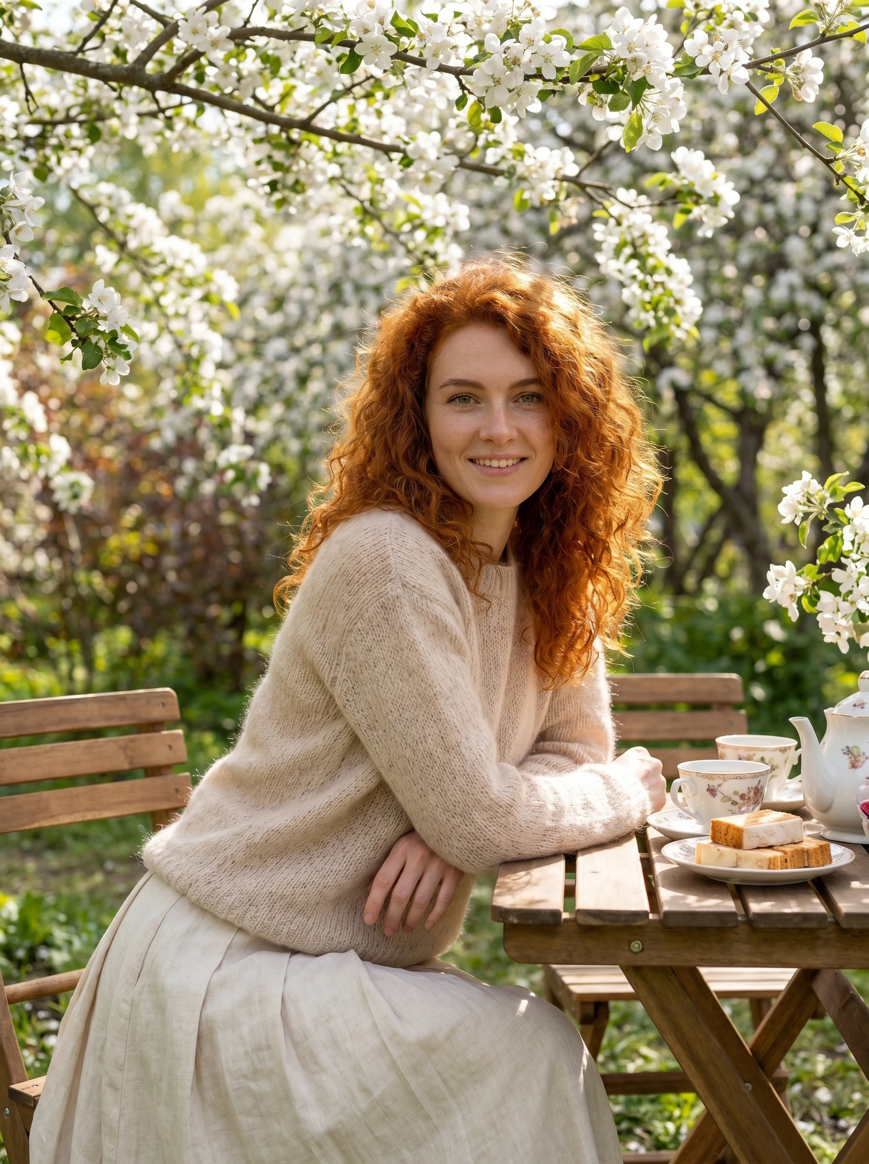 Весеннее чаепитие в цветущем саду — Nano Banana Pro промт