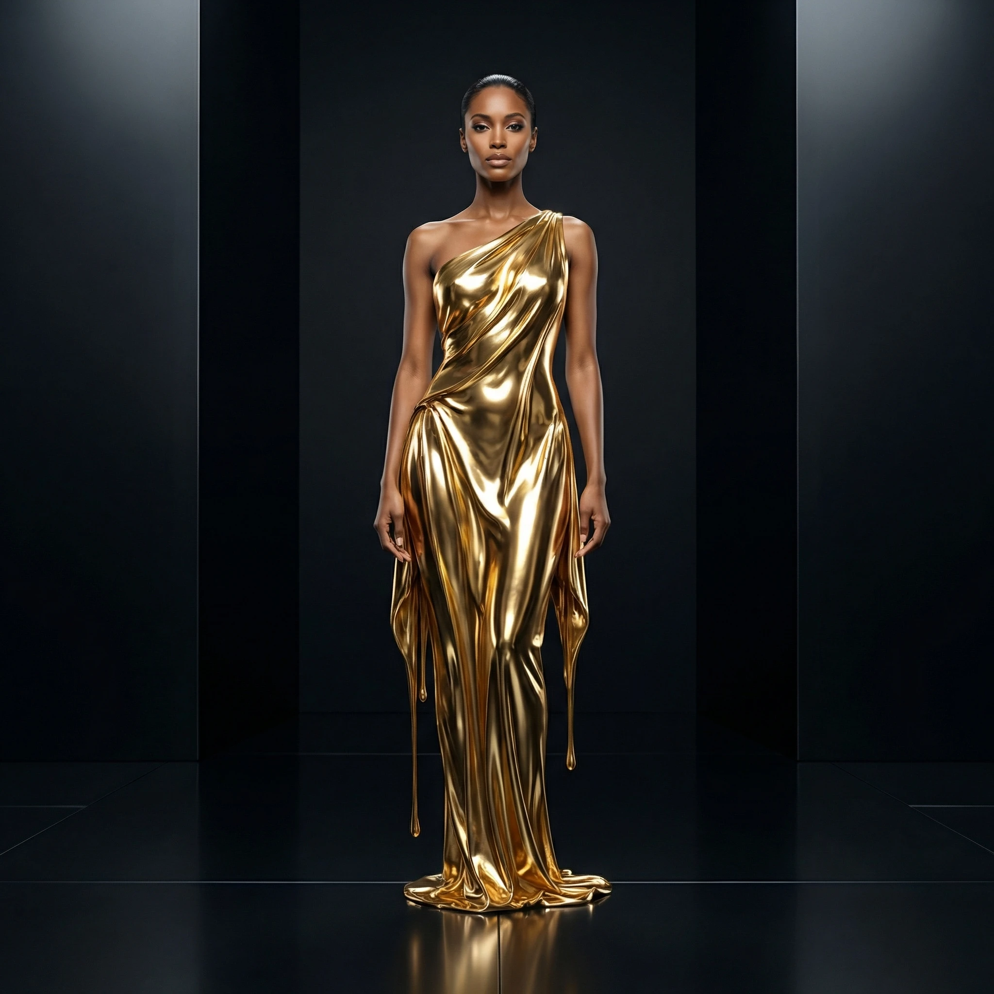 Высокая мода: Скульптурное платье из жидкого золота — Nano Banana Pro промт
