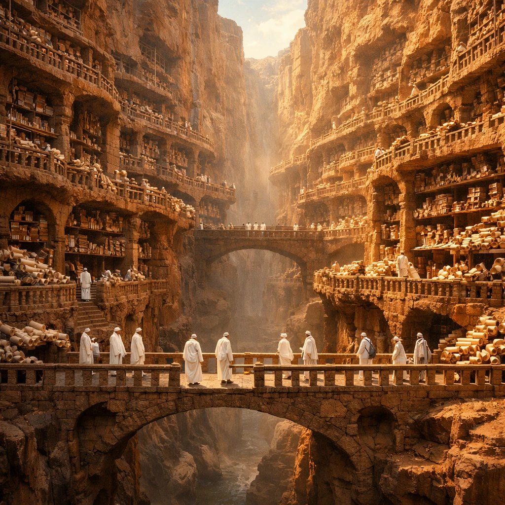 Забытый город-библиотека в скалах — GPT Image 1.5 промт