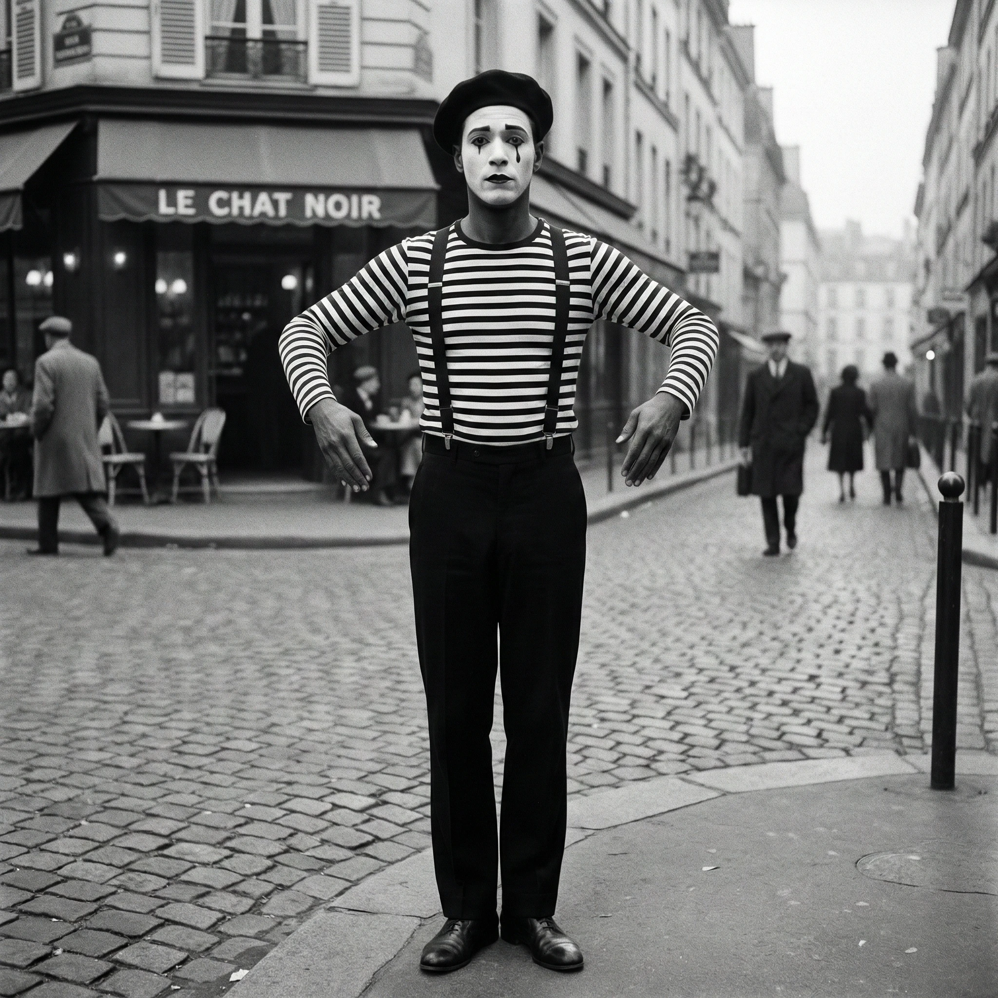 Загадочный мим в стиле французского кино — Nano Banana Pro промт